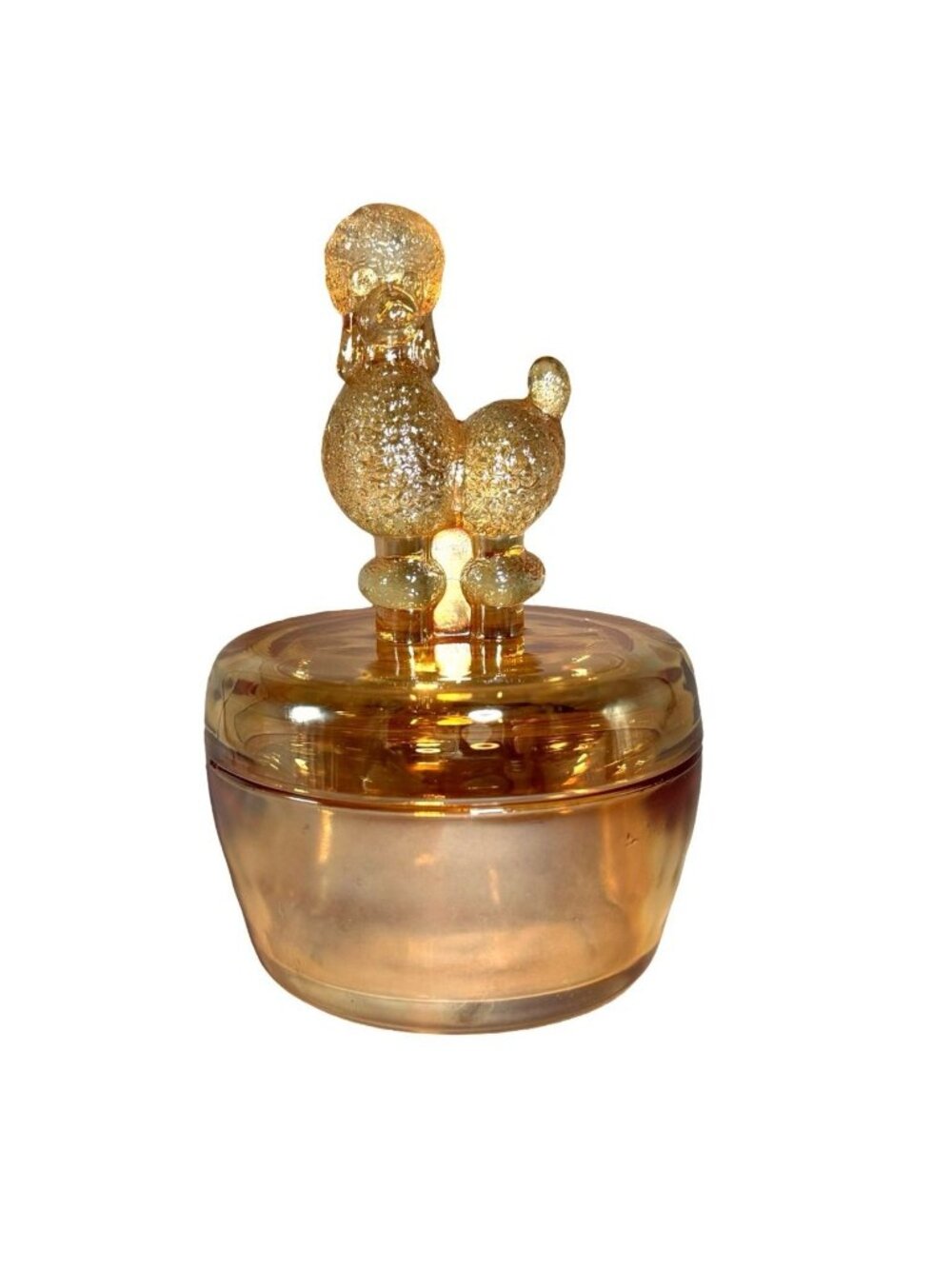 Jeannette Glass Marigold Carnival Glass Jar w Poodle Figurine Lid